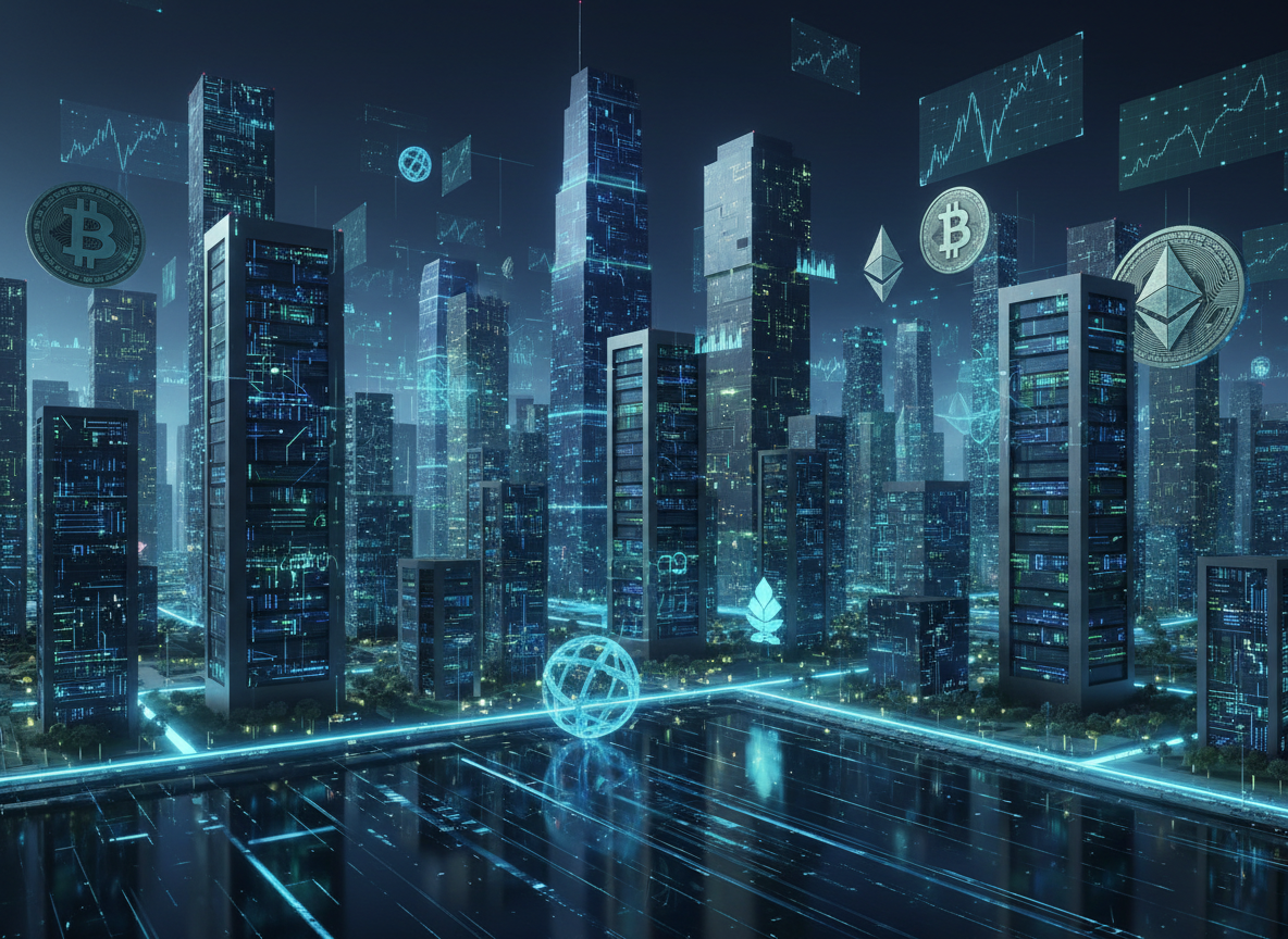 An expansive digital-art cityscape at night where skyscrapers are shaped like stylized crypto coins and server towers, each façade pulsing with animated circuit patterns. Floating holographic charts and icon-like symbols drift between the buildings, representing crypto-related social postings and market signals without any text. The scene is illuminated by a blend of cool sapphire, emerald, and subtle gold light, creating reflections on an abstract glassy river below. The atmosphere feels energetic yet controlled, capturing the global flow of crypto information. Composed from a wide, slightly elevated angle with strong depth and vanishing lines, the image emphasizes scale and connectivity in a polished, professional, futuristic aesthetic.