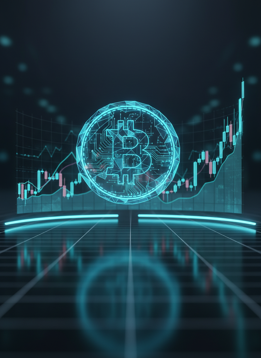A sleek, stylized crypto coin composed of luminous polygons and circuitry patterns hovers above a dark, reflective surface. Around it, semi-transparent digital charts and candlestick graphs arc in a gentle curve, suggesting cryptocurrency investment opportunities without any text. The environment resembles a minimalist digital trading hub, with faint grid lines receding into the distance. Cool blue and teal neon lighting glows from below and behind the coin, casting crisp reflections and subtle shadows. The mood is professional and futuristic, with a sense of precision and momentum. Framed in a centered, eye-level composition in clean, high-resolution digital-art style, with sharp details on the coin and softly blurred charts in the background.