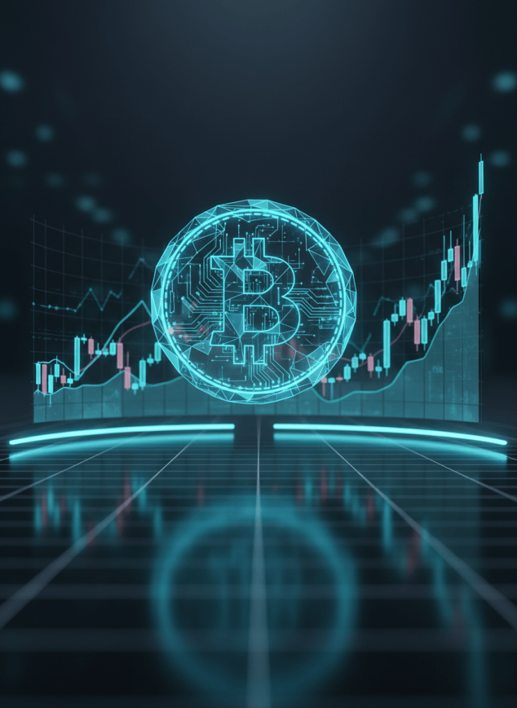 Keep learning about crypto marktes A sleek, stylized crypto coin composed of luminous polygons and circuitry patterns hovers above a dark, reflective surface. Around it, semi-transparent digital charts and candlestick graphs arc in a gentle curve, suggesting cryptocurrency investment opportunities without any text. The environment resembles a minimalist digital trading hub, with faint grid lines receding into the distance. Cool blue and teal neon lighting glows from below and behind the coin, casting crisp reflections and subtle shadows. The mood is professional and futuristic, with a sense of precision and momentum. Framed in a centered, eye-level composition in clean, high-resolution digital-art style, with sharp details on the coin and softly blurred charts in the background.