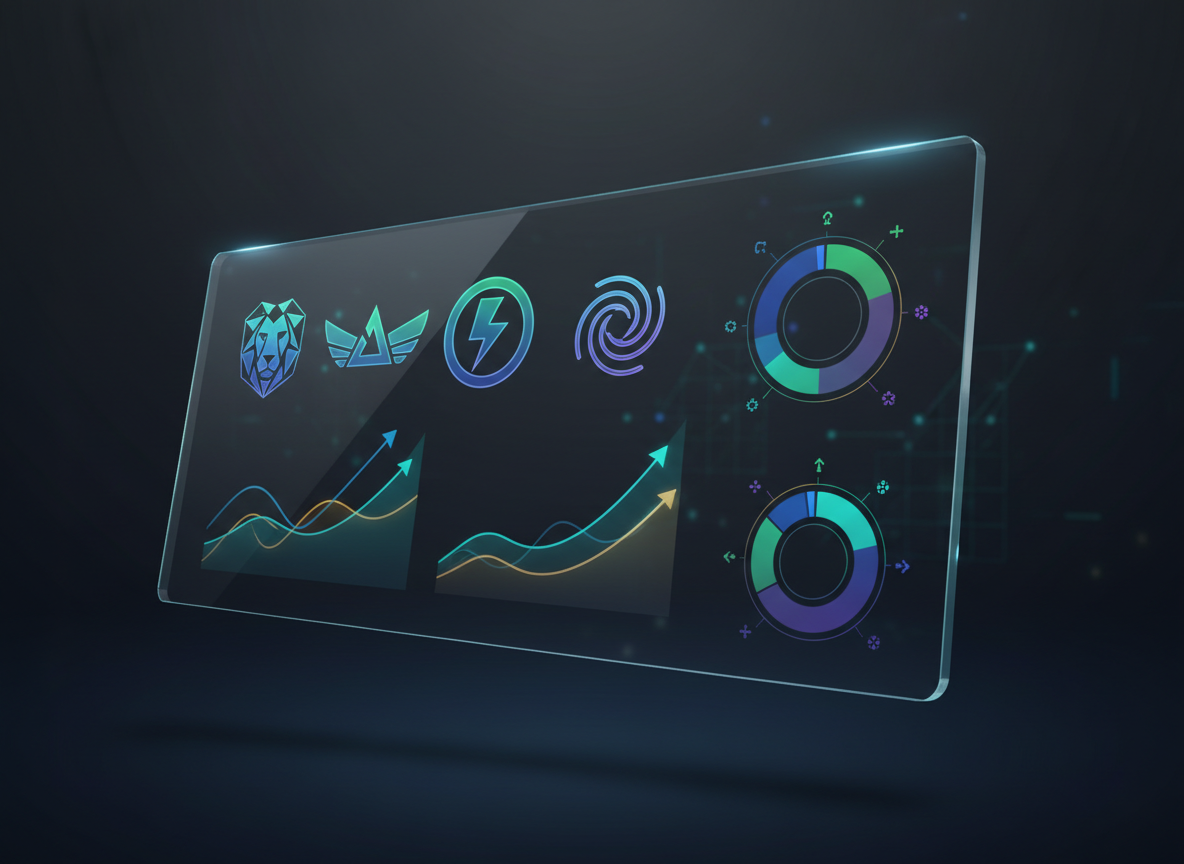 A sophisticated digital dashboard interface rendered in detailed digital art, displayed on a frameless ultra-wide screen floating in a dark, abstract space. The screen shows stylized crypto coin icons, smooth line graphs, and segmented donut charts suggesting portfolio allocation and investment opportunities, all entirely symbol-based with no readable text. Soft, cool studio lighting highlights the glass-like edges of the display, while the background fades into a subtle gradient of deep navy and charcoal. The mood is analytical, calm, and professional, perfect for a crypto insights platform. Captured from a slightly angled, three-quarter view to show depth, with crisp focus on interface elements and a minimalist, high-tech composition.