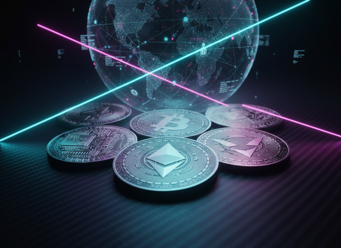 A cluster of intricately designed crypto coins, each with unique geometric engravings and glowing circuit inlays, rests on a glossy, dark carbon-fiber surface. Behind them rises a semi-transparent holographic sphere filled with interconnected nodes and lines, symbolizing a global network of crypto investors and social discussions. Thin beams of cyan and magenta light cut diagonally across the scene, creating highlights on the metallic edges and faint reflections below. The mood is dynamic yet serious, conveying opportunity and connectivity. Shot from a low-angle, close-up perspective with shallow depth of field, the front coins are razor sharp while the holographic network softly blurs, emphasizing focus on tangible crypto assets in a refined digital-art style.